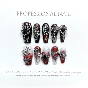 Handmade gothic lava devil press-on nails with skull charms and ruby rhinestones