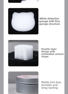 Detail of cat-shaped makeup brush cleaning sponge with matte tin storage box container