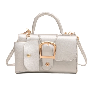 Silver PU leather square handbag with golden chain strap and matching coin purse charm