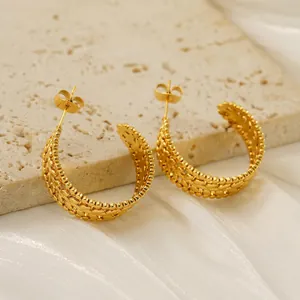 Orecchini A Cerchio A Forma Di C A Spiga Per Donna In Acciaio Inossidabile Placcato Oro 18K Foglia Cava Gioielli Vintage