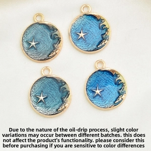 Detail of four gold alloy star and moon pendants with dark blue enamel inlay
