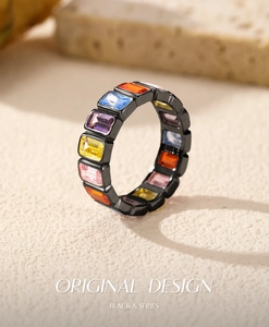 Detailed macro view of rainbow square-cut stones on a matte black S925 silver ring band