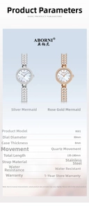Detailed specs of the 30mm quartz watch with mermaid steel bracelet and crystal stones