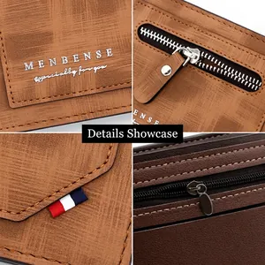 Brown frosted men's short wallet with large capacity zipper and tricolor ribbon detail
