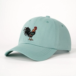 Vintage mint green adjustable baseball cap with colorful rooster embroidery for women