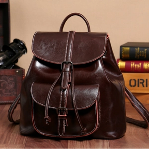 Vintage dark brown oil wax leather backpack with drawstring closure and front flap pockets