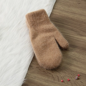 Thick camel rabbit fur mittens for women, warm wool knit gloves for winter outdoor use