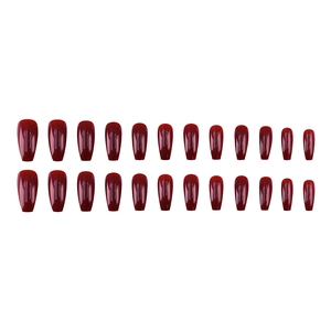 Glossy deep red long coffin shaped press-on nails set with 24 pieces on white background