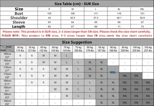 Size guide for men's casual jacket with chest, shoulder and length in EU dimensions