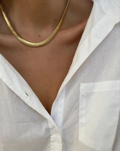 Chic 8mm gold herringbone snake chain necklace for men and women on model's neck