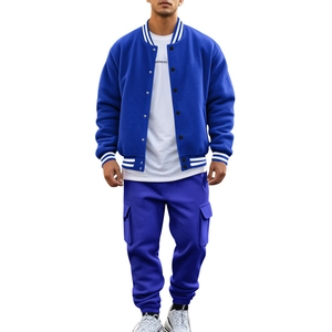 Full view of royal blue baseball jacket and matching cargo pants casual sports set for men