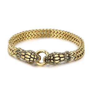 Vintage golden double snake head bracelet in woven titanium steel for men