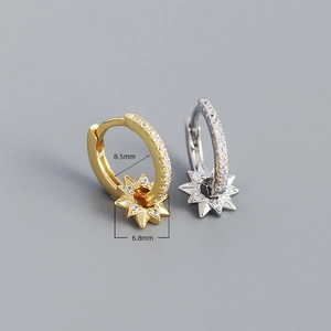 S925 silver star hoop earrings with zircon, gold and silver finishes, 8.5mm inner diameter