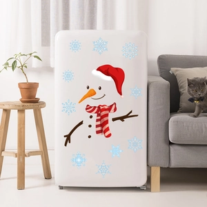 Christmas snowman wall sticker for fridge decor featuring cute red hat and blue snowflakes