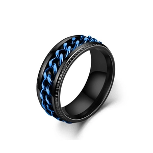 Men's stainless steel spinner ring with black satin finish and blue tank chain inlay