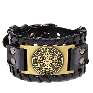 Bracelet large en cuir noir pour homme avec plaque nordique runique et nœud celtique