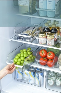 Close-up of transparent PET drawer organizer for fridge with food-grade storage detail