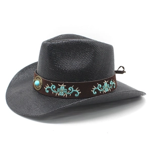 Detail of black woven cowboy hat featuring a brown band with turquoise floral embroidery