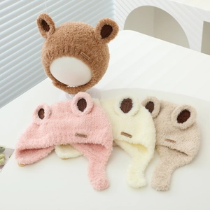 Warm winter baby hat with bear ears and soft teddy fleece ear flaps in various colors