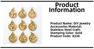 Macro detail of gold stainless steel zodiac pendants with oil-pressed matte finish