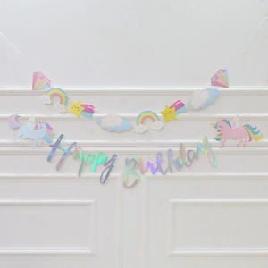 Rainbow unicorn happy birthday banner with iridescent lettering and pastel party icons