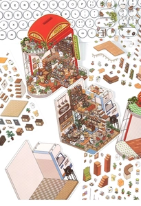 Close-up of miniature cartoon architecture stickers on a white keyboard background