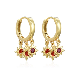 Bohemian gold star drop earrings with sparkling red zircon stones in a circular hoop design