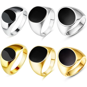 Vintage Titanium Steel Signet Ring For Men Women Black Enamel Round Square Oval Gold Silver Plated Hip Hop Jewelry Finger Ring