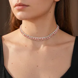 Exquisite three-row choker necklace featuring pink and white sparkling square crystals