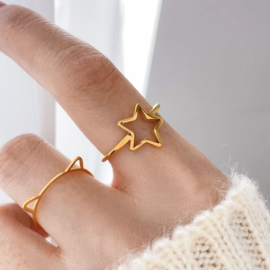 Detailed macro view of gold-plated titanium steel rings with star and cat ear shapes