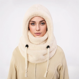 Detail of warm cream fleece balaclava with adjustable beige drawstrings and toggles