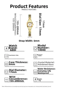 Spécifications de la montre GEDI dorée avec cadran 17mm et mouvement à quartz