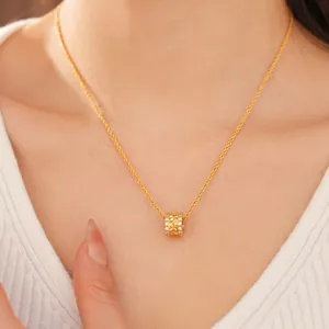 Elegant 18k gold plated waist cylinder necklace with zircon leaf relief on model