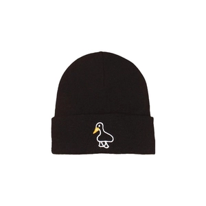 Winter black knit beanie featuring a cute embroidered cartoon duck design for warmth