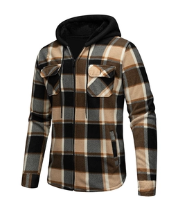 Detail of men's plaid hooded shirt jacket featuring plush lining and chest pocket