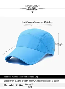 Spécifications détaillées de taille pour une casquette de baseball bleue respirante