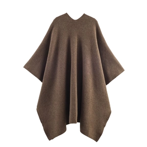 Women's minimalist loose fit long dark brown wool poncho with stylish V-neck design