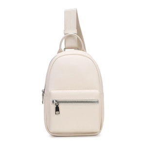 Creamy pebbled leather crossbody chest bag with adjustable fabric strap on white background