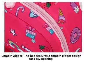 Detail of pink cartoon backpack showing smooth zipper closure and durable nylon fabric