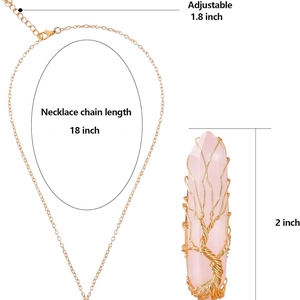 Pink crystal tree of life pendant necklace with gold wire wrap on white background