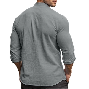 Rear view of men's slim fit grey cotton shirt showing the tailored cut and back seams