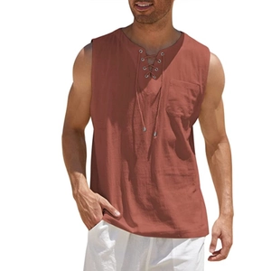 Detailed close-up of men's cotton linen tank top with V-neck drawstring and chest pocket