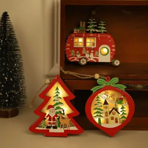 Christmas Wooden LED Luminous Hanging Ornaments Wood Light Up Tree Star Heart Car Shapes Xmas Home Party Holiday Decor