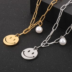 Gold and silver stainless steel paperclip necklaces with smiley pendants and pearls