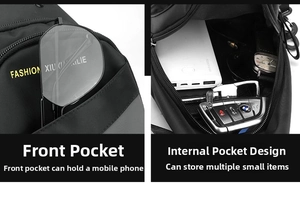 Detail showing high-capacity interior compartments and quick-access front pocket for men's bag