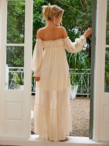 Elegant beige off-shoulder tiered tulle maxi dress for women in a vacation resort style