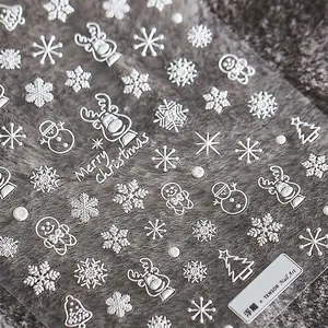 5D Embossed Christmas Nail Art Stickers White Reindeer Snowflake Christmas Tree Self Adhesive Decals Winter Holiday DIY Manicure