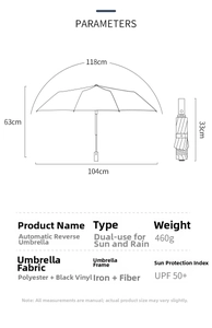 Technical size chart for automatic reverse umbrella showing dimensions and UV UPF 50 rating