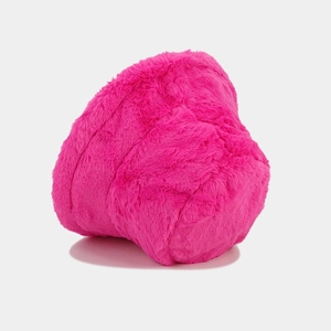 Close-up of fluffy rose pink faux fur bucket hat showing soft plush texture and material