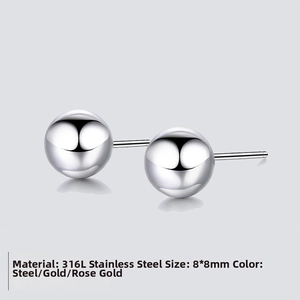 Detail shot of 8mm 316L stainless steel ball stud earrings with polished silver finish